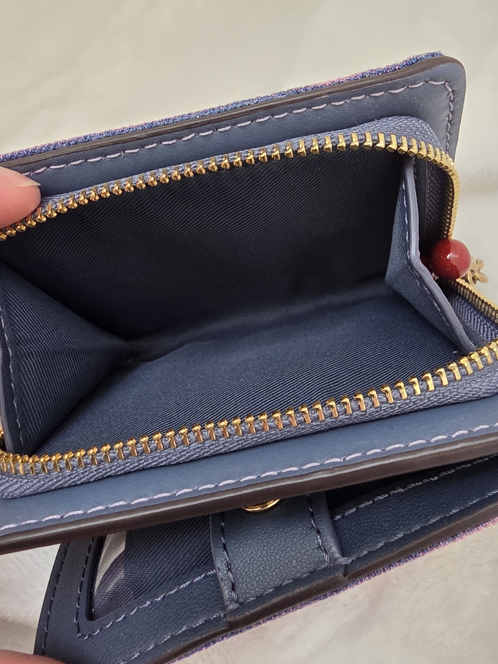 Custom Pink Washed Denim Coach Wallet | Cherry Charm Zip Around Upcycled Bag - Picture 7 of 10